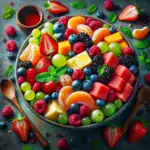 Fresh fruit salad with berries and mint on a dark background.