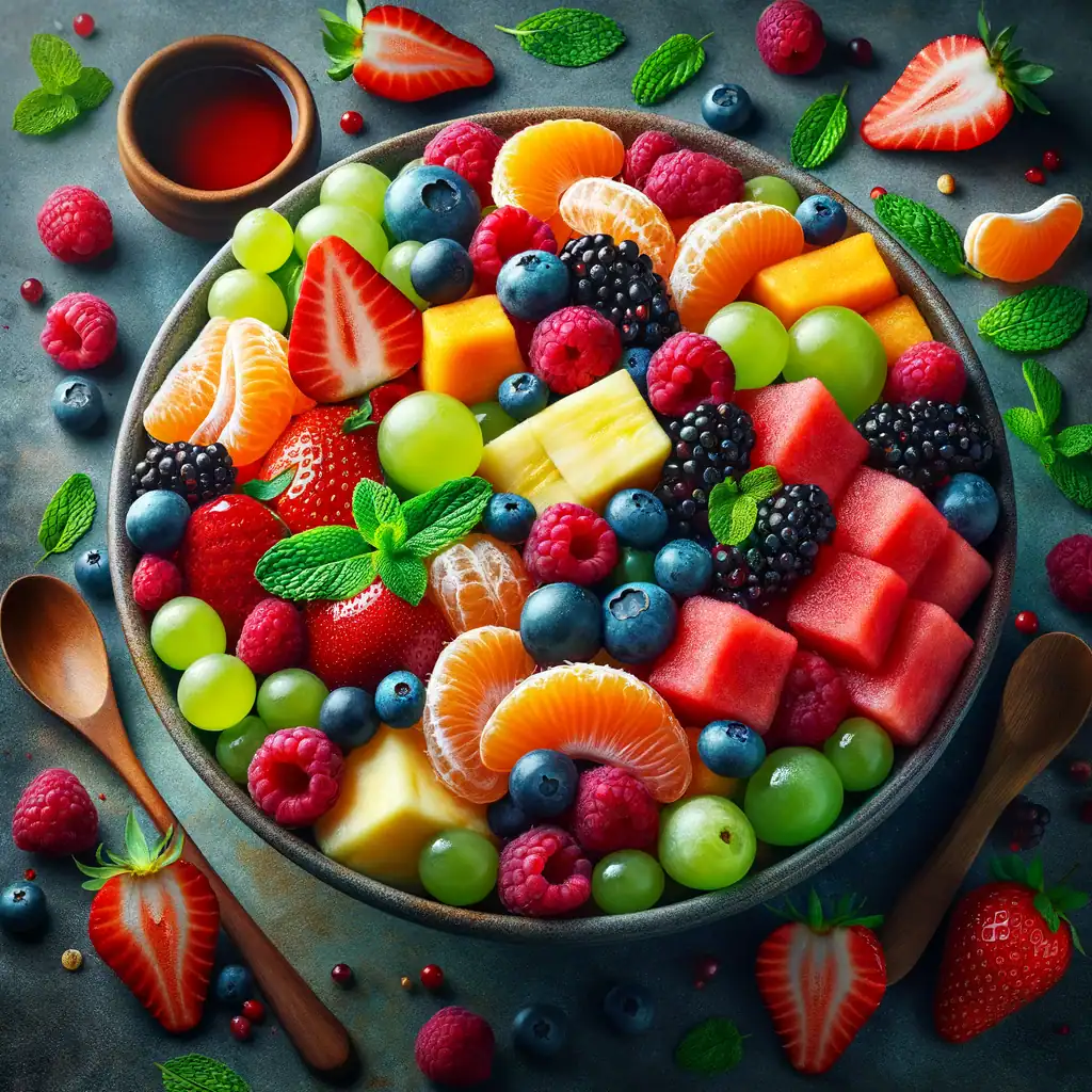 Fresh fruit salad with berries and mint on a dark background.