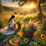 A woman sitting in a field with flowers and baskets.