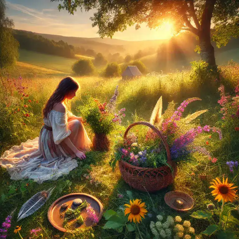 A woman sitting in a field with flowers and baskets.