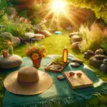 A picnic in the garden with a hat, books, flowers and a bottle of wine.