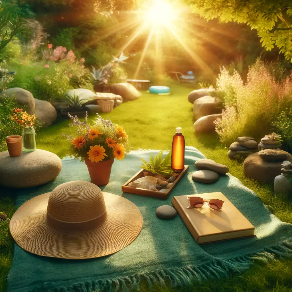 A picnic in the garden with a hat, books, flowers and a bottle of wine.