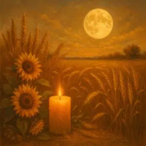 Oil painting showing a candle beside sunflowers in a golden field under a full moon at dusk.