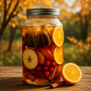 Mason jar filled with fruit slices (orange, apple) and cinnamon sticks in a red-orange liquid on a wooden table, autumn background behind.